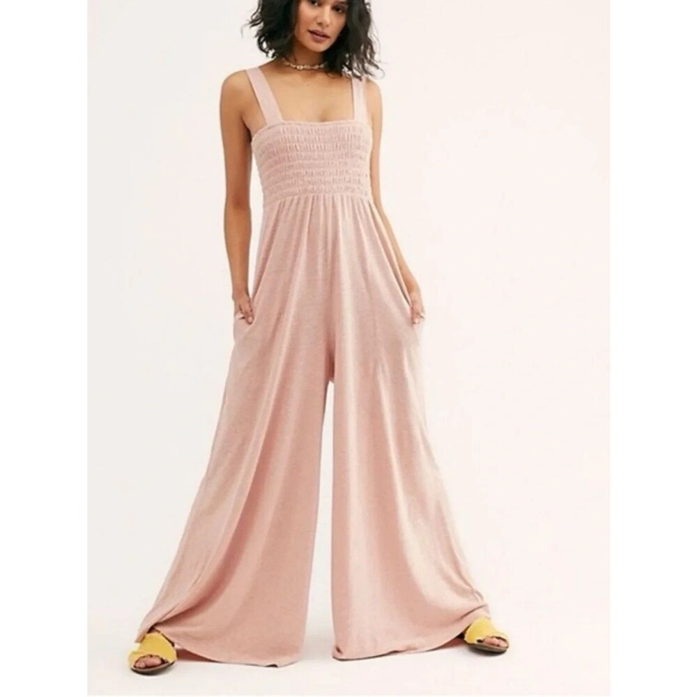 Free People FP Beach Pink Smocked Wide-Leg Jumpsuit Square Neck Pockets Small